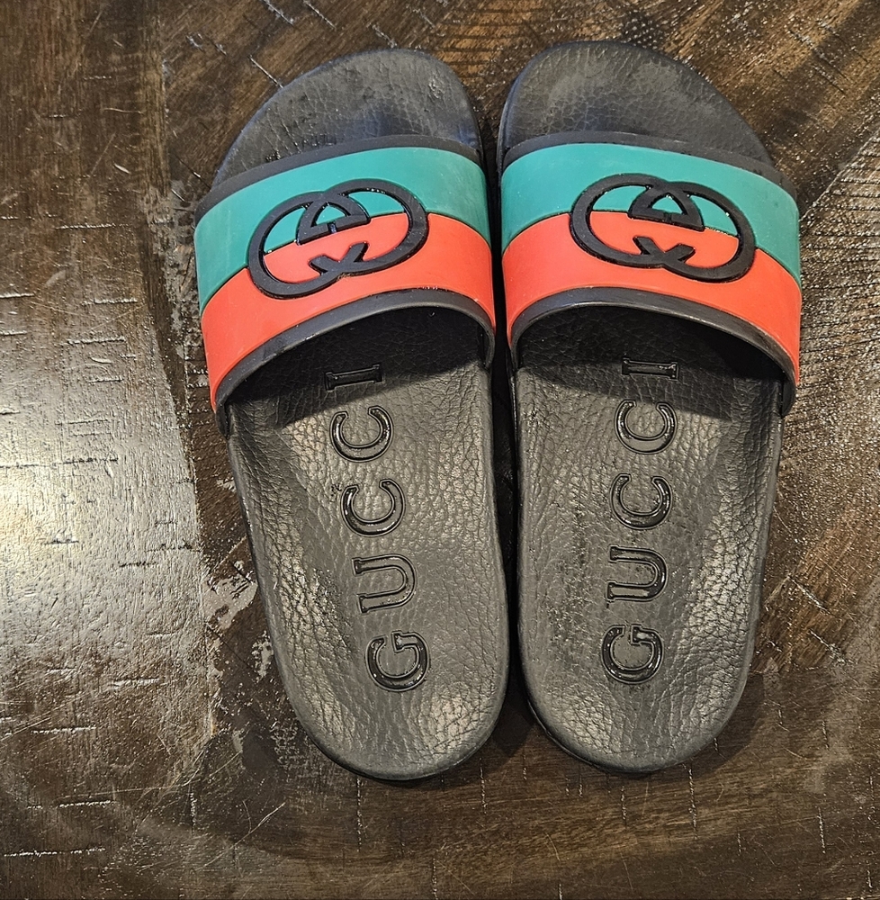 Used Gucci Black, Red, and Green Slide Sandals